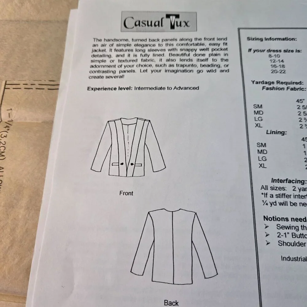 Islander Sewing Systems Casual Tux sewing pattern womens 90s CUT to size Large
